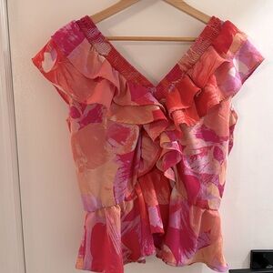 Sofia Vergara frilly pink and orange summer blouse large.